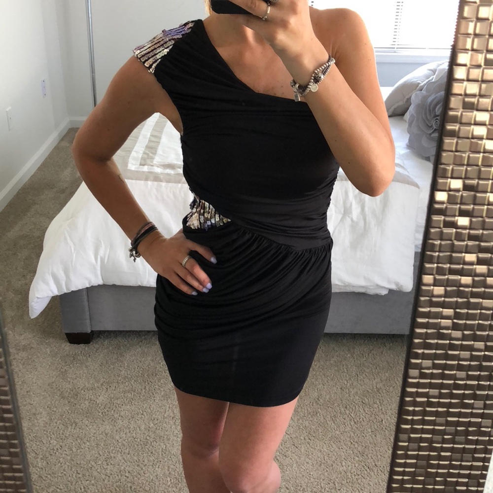 Off the shoulder sequins black dress